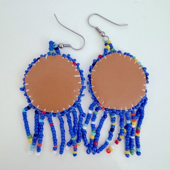 Boho Handmade Blue Beaded Chandelier Earrings Vintage - Picture 5 of 6